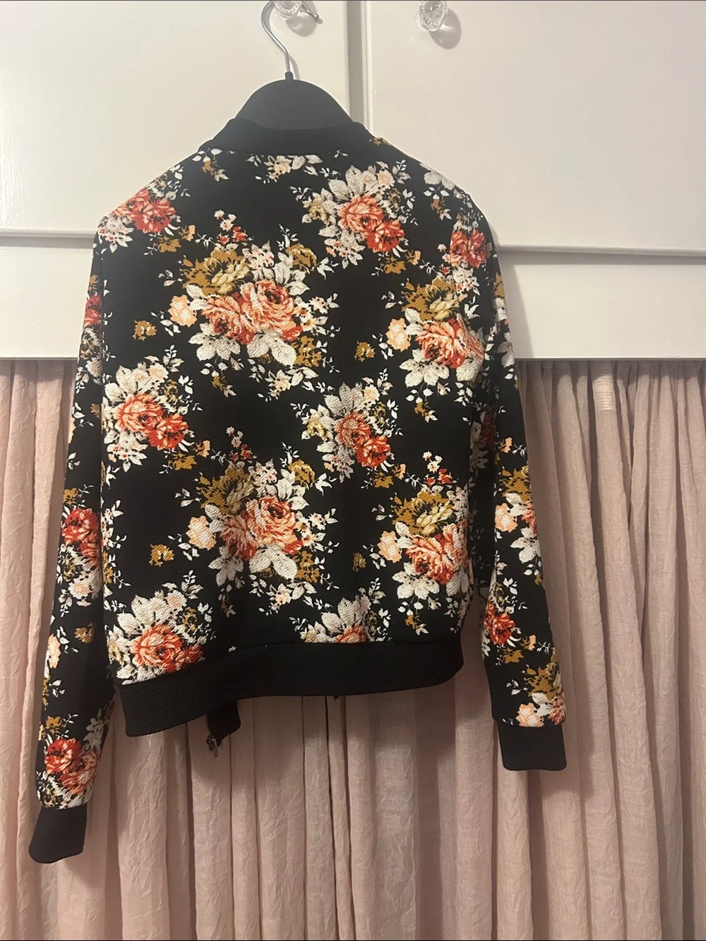 Just 2 Cute Girls Black Floral Bomber Jacket with Orange, White & Gold Flowers